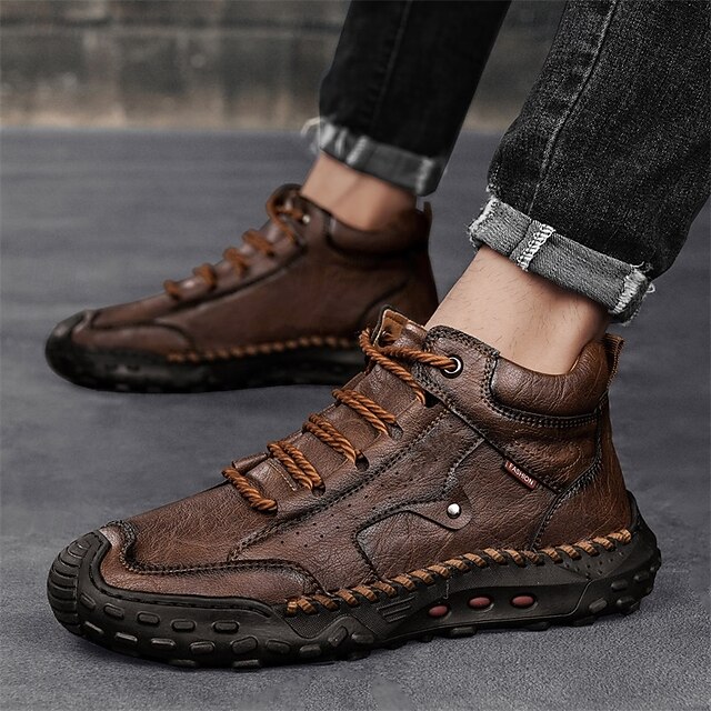 Men's Brown Faux Leather Outdoor Trail Boots with Durable Rubber Sole and Hand-Stitched Detailing, Comfortable Casual Work Boots for Hiking and Daily Wear