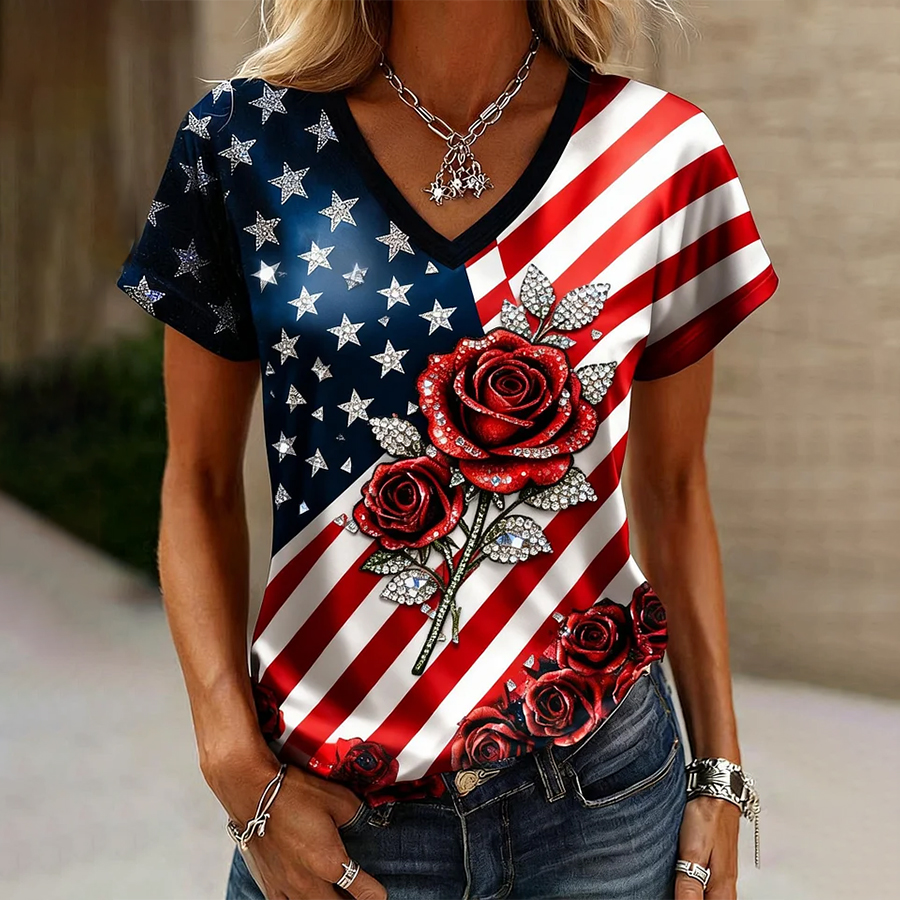 American Flag & Sparkle Rose Print V-Neck Short Sleeve T-Shirt