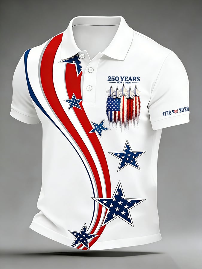 American Flag Star & Airplane Print Patriotic Polo Shirt