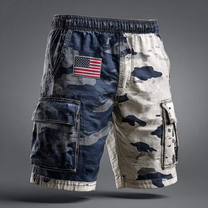 Tactical-Style Patriotic Camo Flag Print Casual Cargo Shorts
