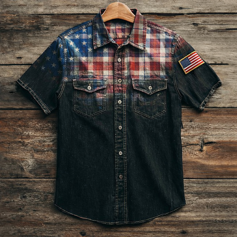 American Flag Patchwork Denim Casual Short Sleeve Shirt