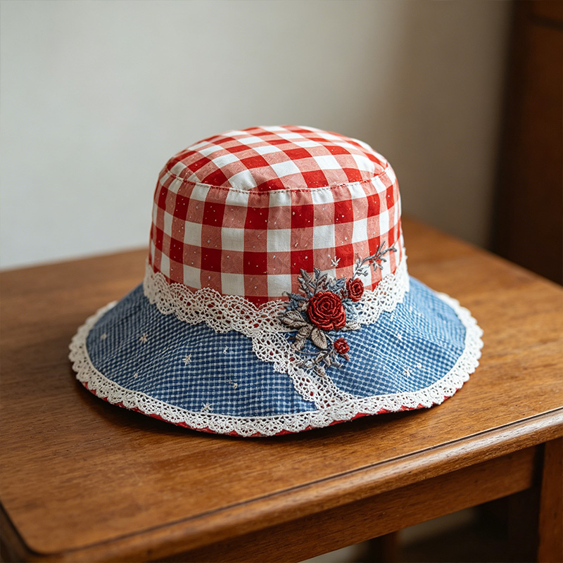 Patriotic Gingham & Floral Embroidered Bucket Hat