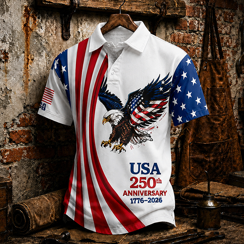 American Eagle & Flag Print Patriotic Short Sleeve Polo Shirt