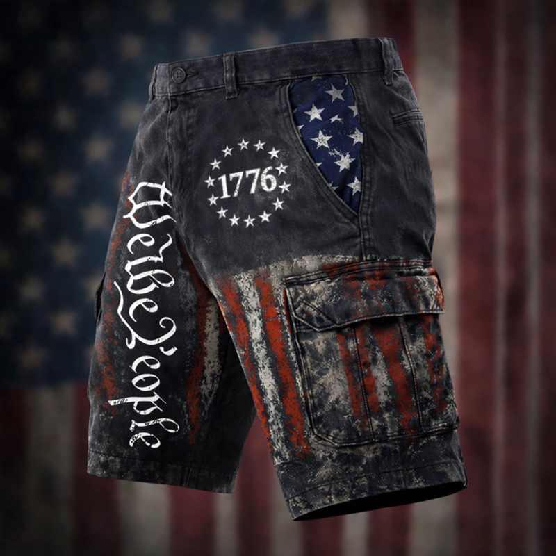 1776 Independence Themed Patriotic Cargo Shorts with Flag Print