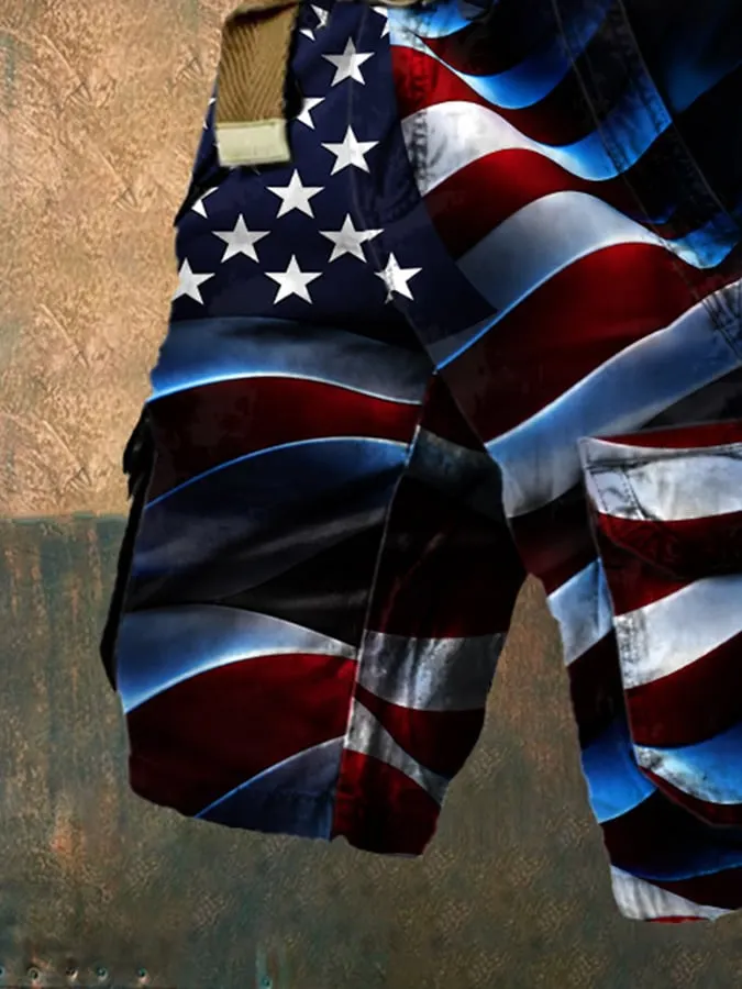 American Flag Print Casual Cargo Shorts