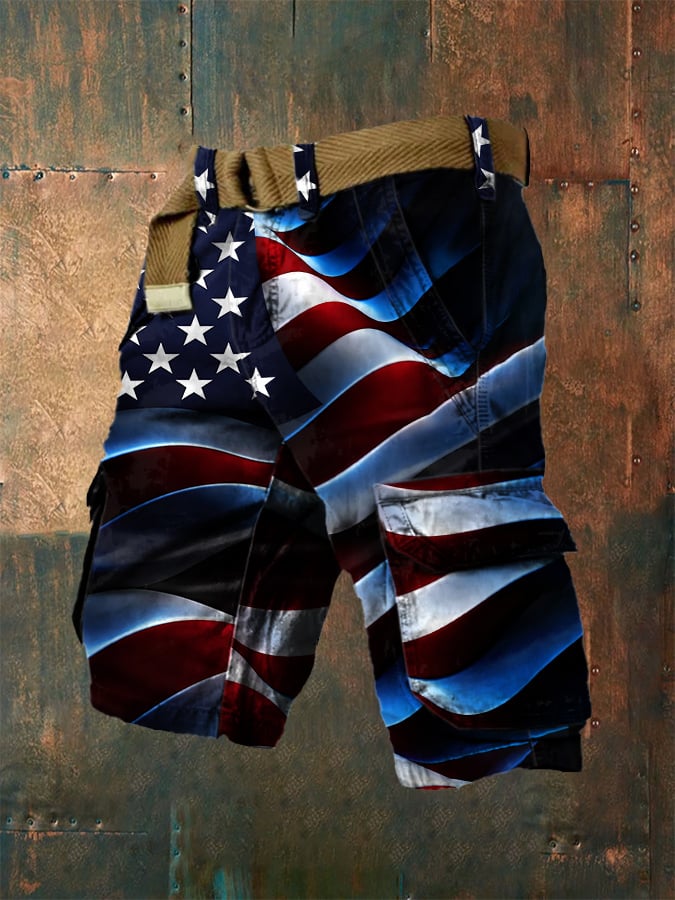 American Flag Print Casual Cargo Shorts