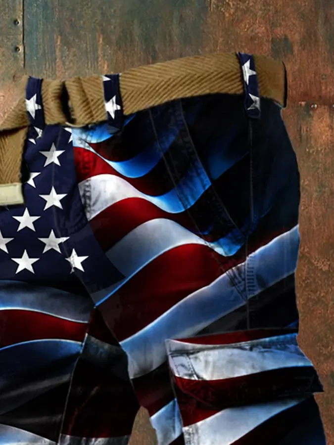 American Flag Print Casual Cargo Shorts