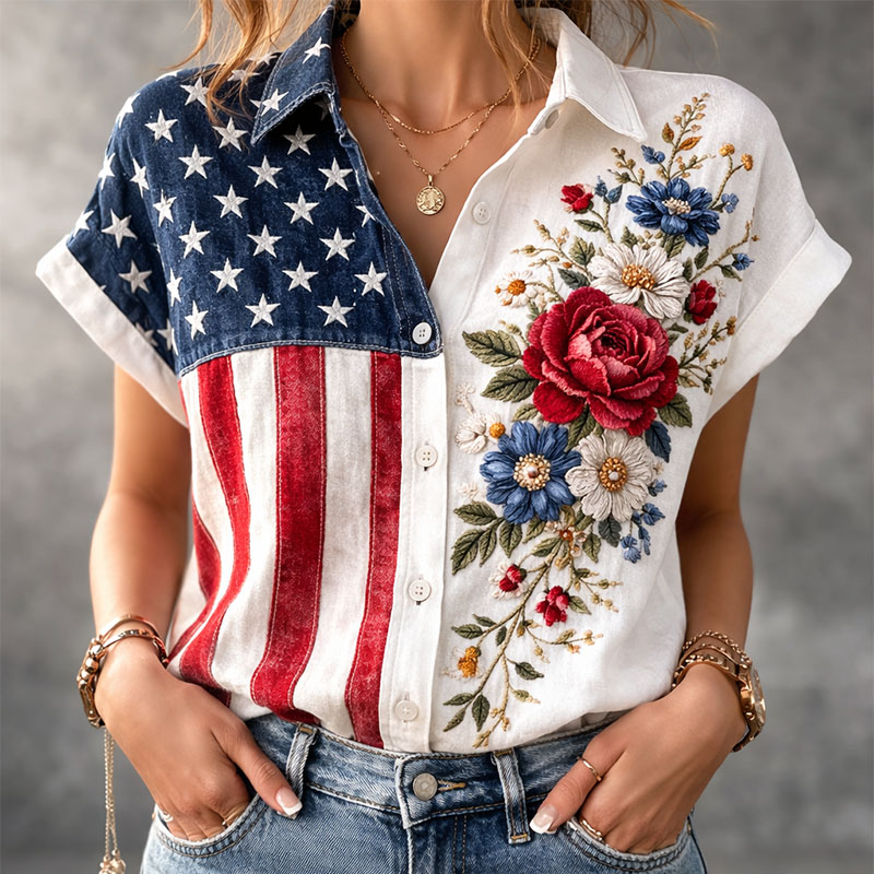 Patriotic Independence Celebration Casual Button-Up Blouse
