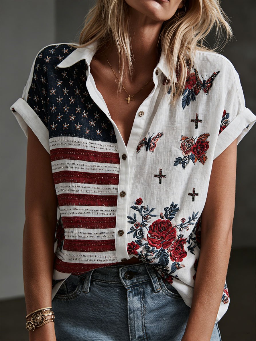 American Flag & Floral Butterfly Embroidered Short Sleeve Shirt