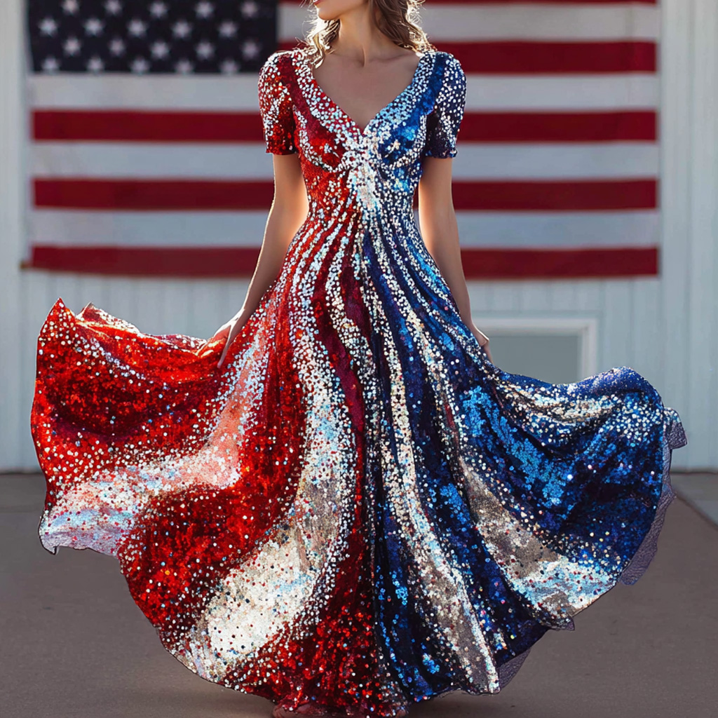 American Flag Sequin V-Neck Short Sleeve Maxi Dress