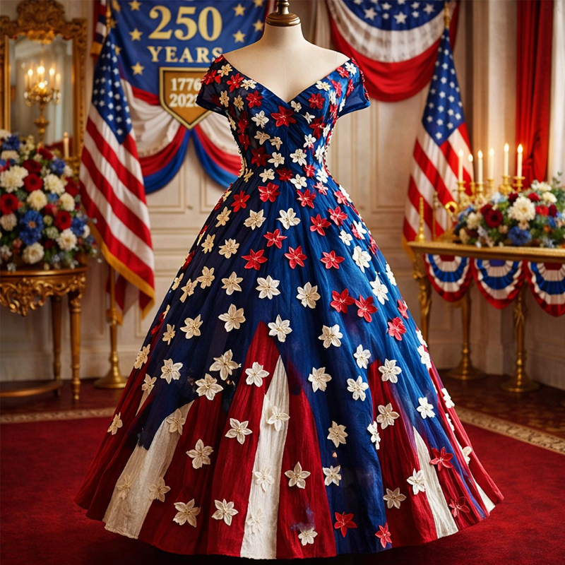 American Flag Inspired 3D Floral Off-the-Shoulder Ball Gown