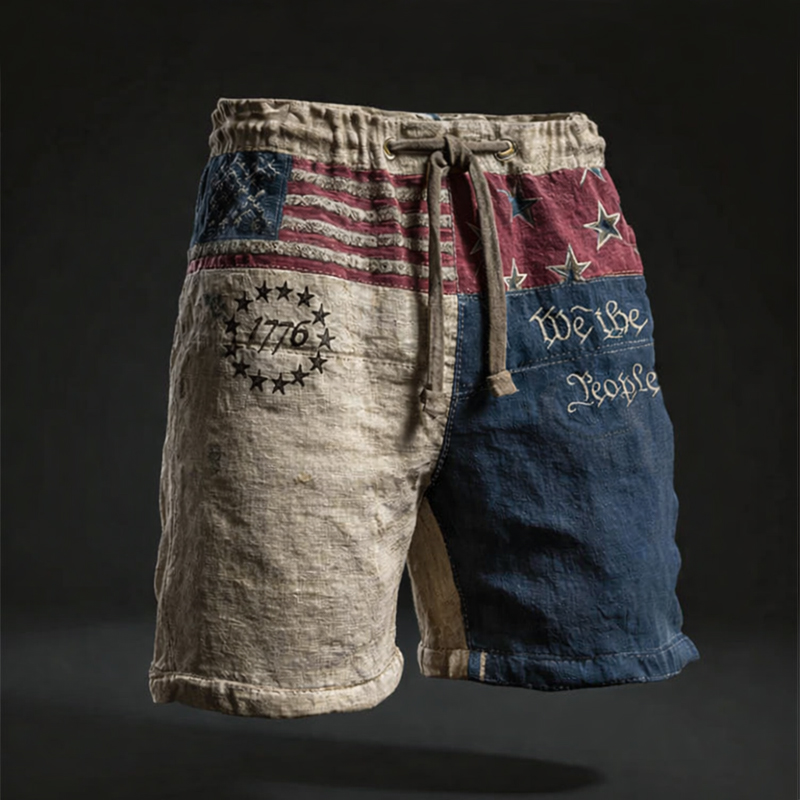 1776 Independence Themed Washed Linen Drawstring Shorts