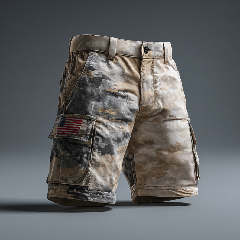 Desert Camouflage Patriotic Flag Print Cargo Shorts