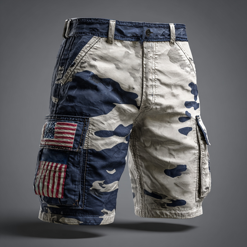American Flag Embroidered Camouflage Drawstring Cargo Shorts