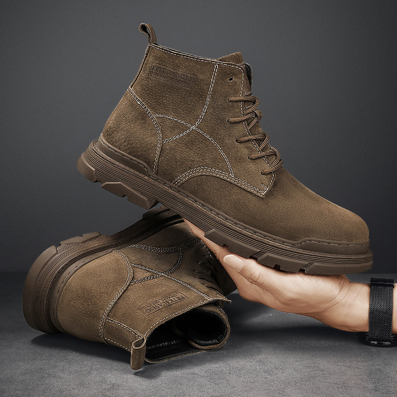Men’s Leather Work Chukka Boots, Hand-Stitched Lace-Up Ankle Boots with Waterproof Lining, Non-Slip/Oil-Resistant Sole, Arch Support