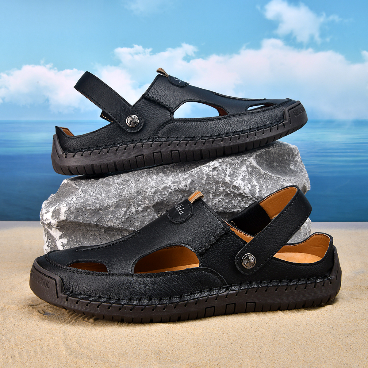 (⏰Limited Time Sale 70% OFF) Men's and Women's Genuine Leather Sandals — Slip-on, Breathable, Wide-Fit Design, Arch Support, Non-Slip & Puncture-Resistant