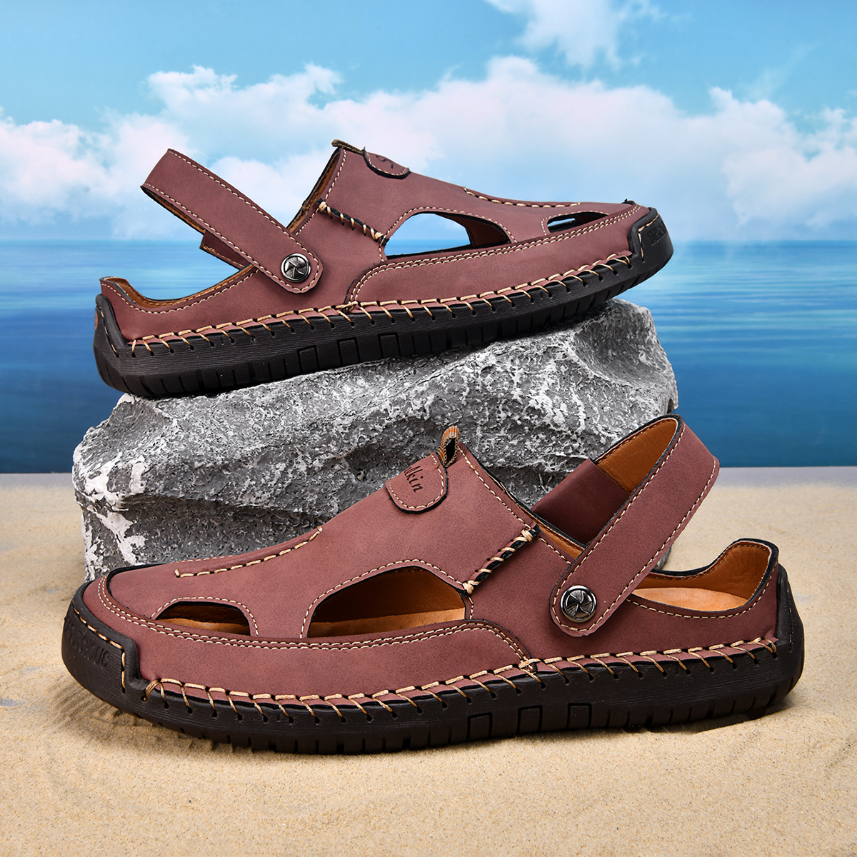 (⏰Limited Time Sale 70% OFF) Men's and Women's Genuine Leather Sandals — Slip-on, Breathable, Wide-Fit Design, Arch Support, Non-Slip & Puncture-Resistant