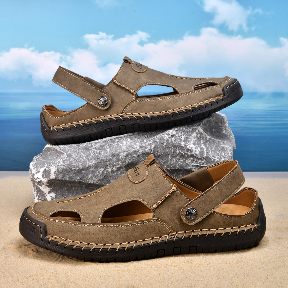 (⏰Limited Time Sale 70% OFF) Men's and Women's Genuine Leather Sandals — Slip-on, Breathable, Wide-Fit Design, Arch Support, Non-Slip & Puncture-Resistant