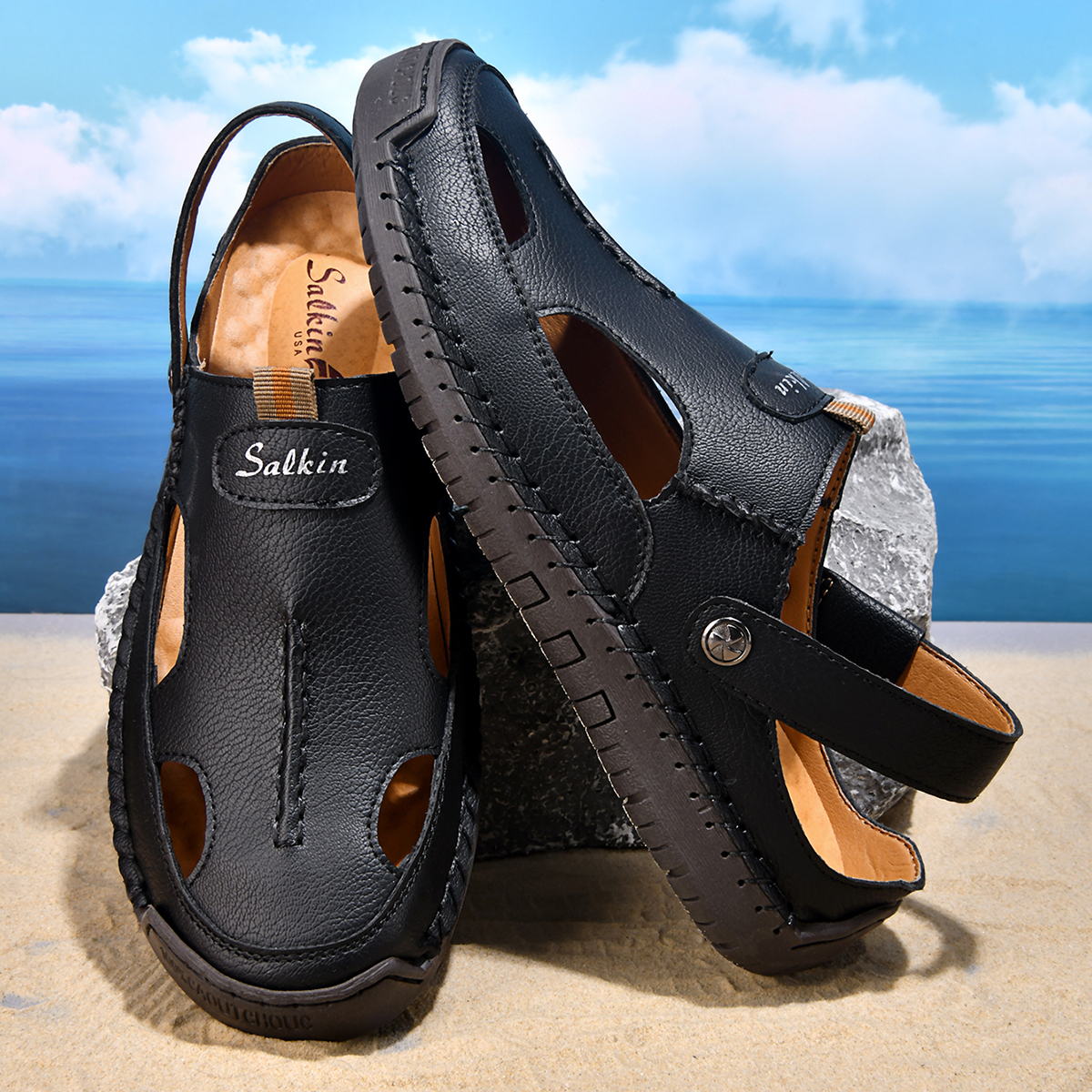 (⏰Limited Time Sale 70% OFF) Men's and Women's Genuine Leather Sandals — Slip-on, Breathable, Wide-Fit Design, Arch Support, Non-Slip & Puncture-Resistant