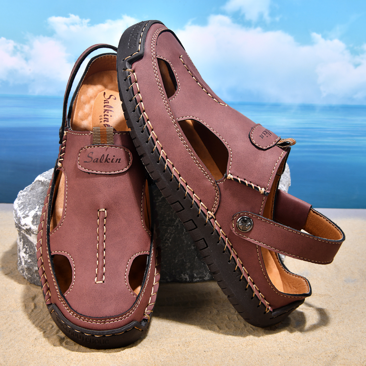 (⏰Limited Time Sale 70% OFF) Men's and Women's Genuine Leather Sandals — Slip-on, Breathable, Wide-Fit Design, Arch Support, Non-Slip & Puncture-Resistant