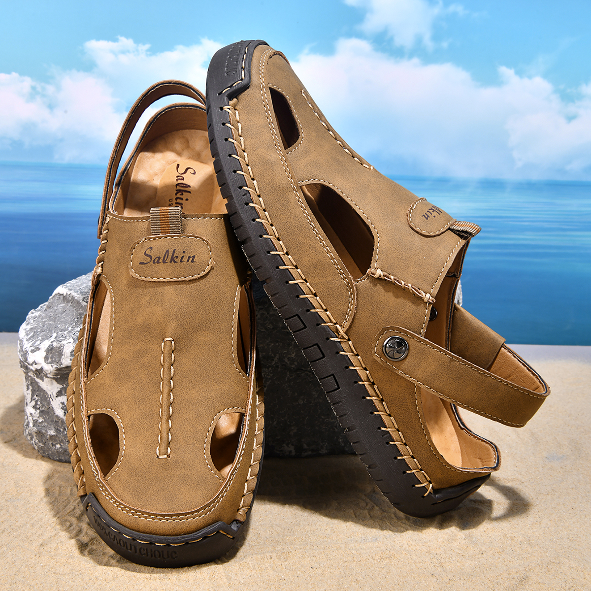 (⏰Limited Time Sale 70% OFF) Men's and Women's Genuine Leather Sandals — Slip-on, Breathable, Wide-Fit Design, Arch Support, Non-Slip & Puncture-Resistant