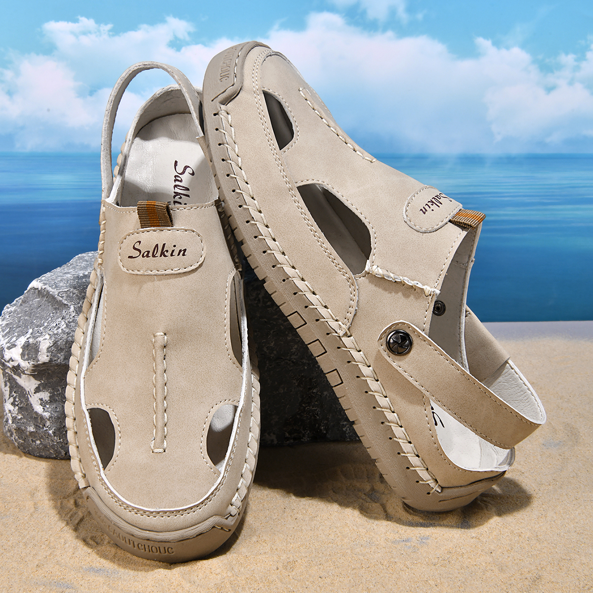(⏰Limited Time Sale 70% OFF) Men's and Women's Genuine Leather Sandals — Slip-on, Breathable, Wide-Fit Design, Arch Support, Non-Slip & Puncture-Resistant