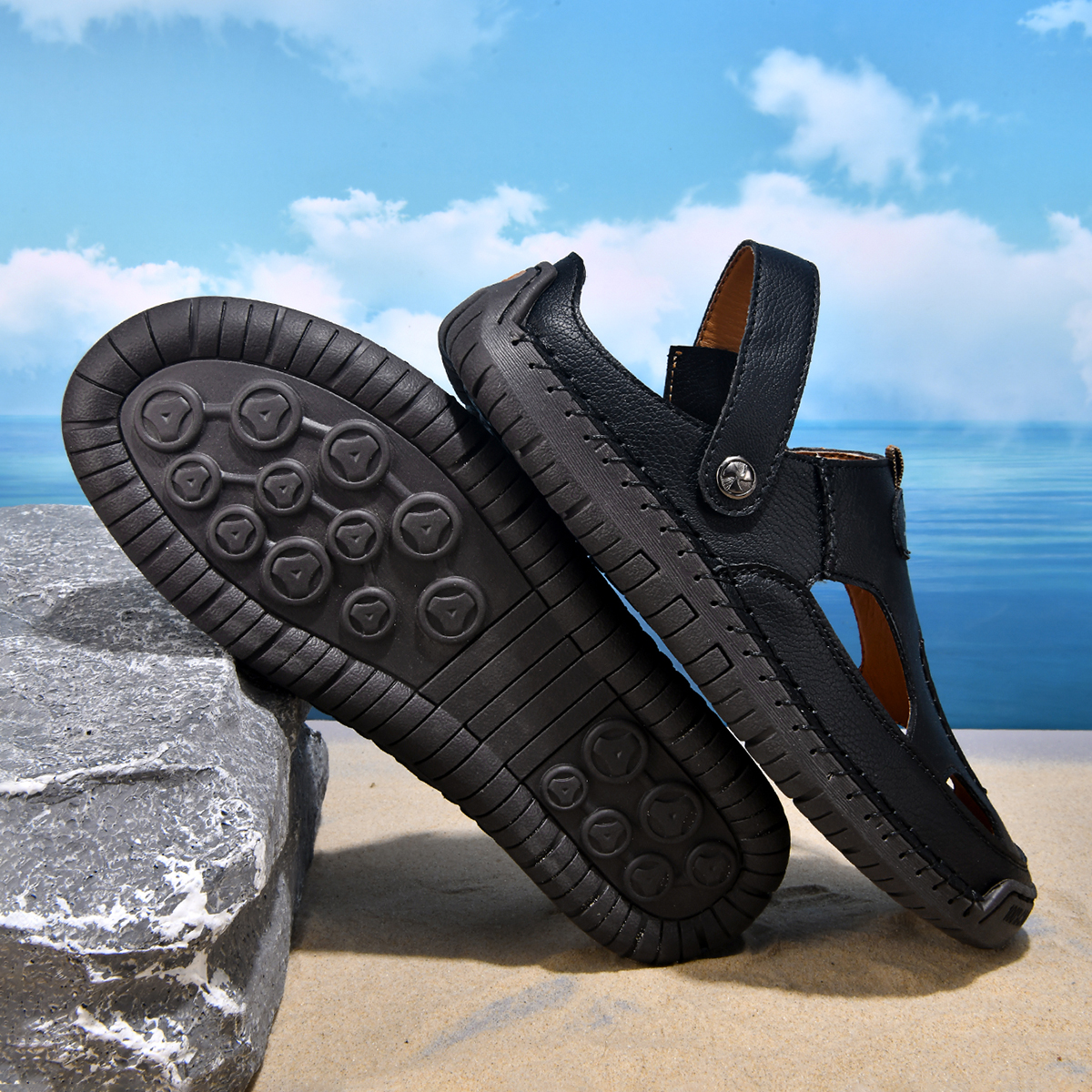 (⏰Limited Time Sale 70% OFF) Men's and Women's Genuine Leather Sandals — Slip-on, Breathable, Wide-Fit Design, Arch Support, Non-Slip & Puncture-Resistant