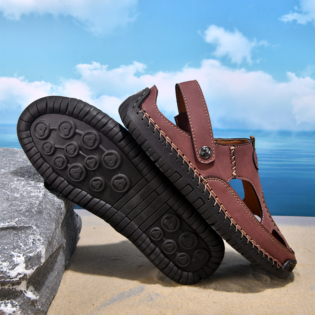 (⏰Limited Time Sale 70% OFF) Men's and Women's Genuine Leather Sandals — Slip-on, Breathable, Wide-Fit Design, Arch Support, Non-Slip & Puncture-Resistant