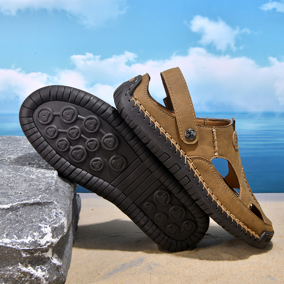 (⏰Limited Time Sale 70% OFF) Men's and Women's Genuine Leather Sandals — Slip-on, Breathable, Wide-Fit Design, Arch Support, Non-Slip & Puncture-Resistant
