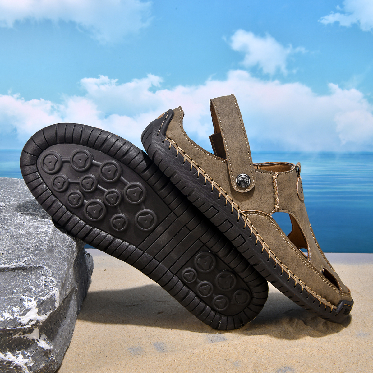 (⏰Limited Time Sale 70% OFF) Men's and Women's Genuine Leather Sandals — Slip-on, Breathable, Wide-Fit Design, Arch Support, Non-Slip & Puncture-Resistant