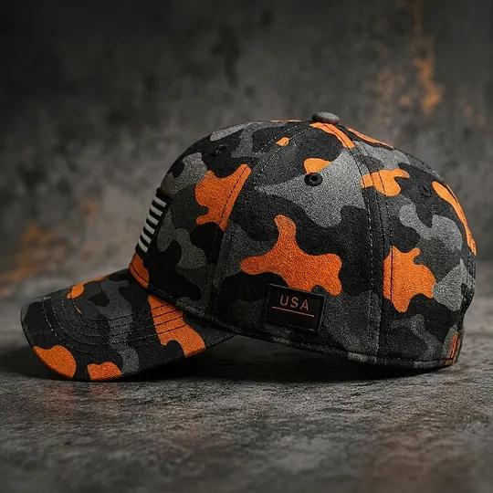 USA Flag Orange Camo Baseball Cap, Embroidered American Flag Tactical Trucker Hat