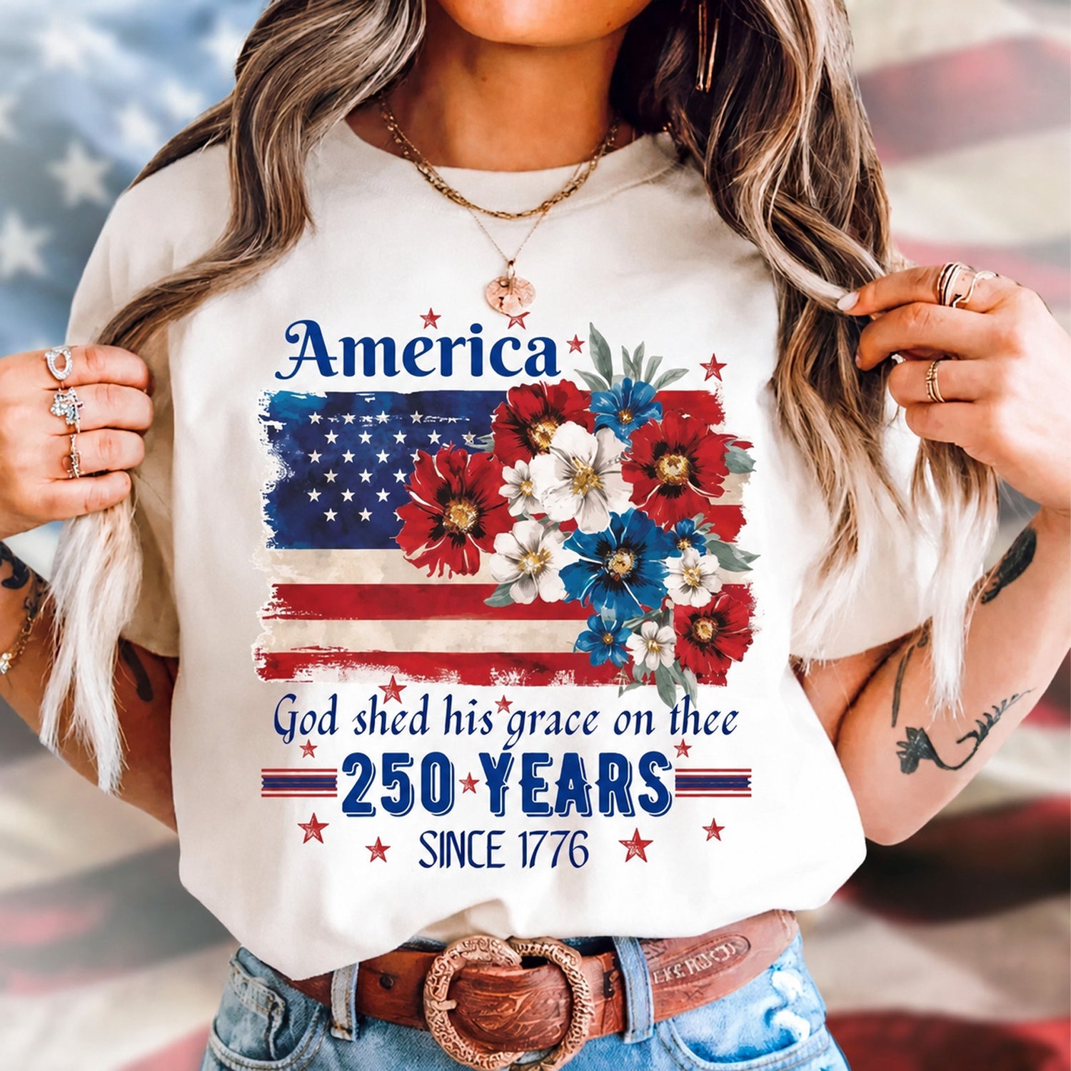 250 Years of America Floral Flag T-Shirt, Patriotic Cottagecore 4th of July Anniversary Shirt 685174 WFD