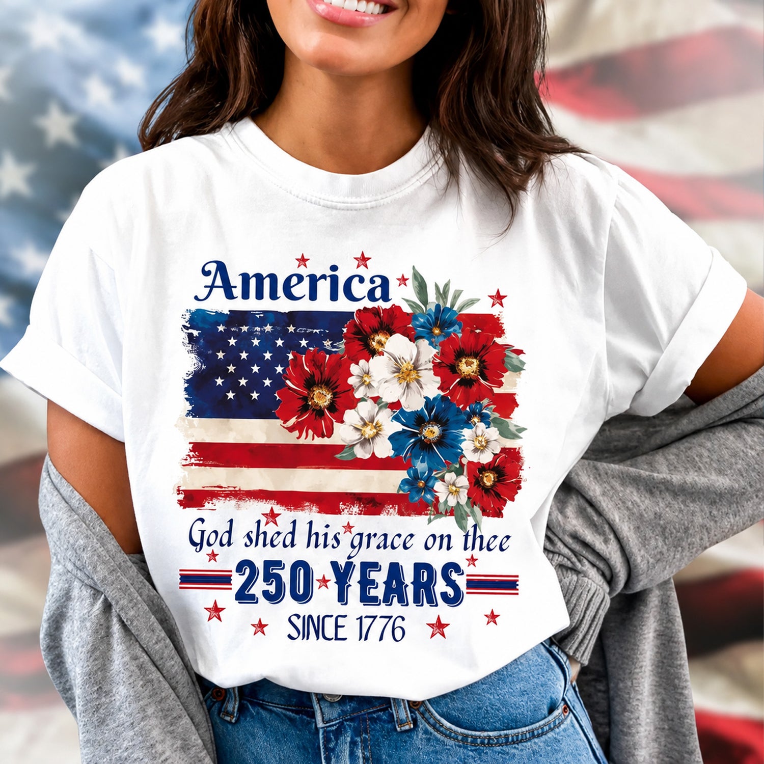 250 Years of America Floral Flag T-Shirt, Patriotic Cottagecore 4th of July Anniversary Shirt 685174 WFD