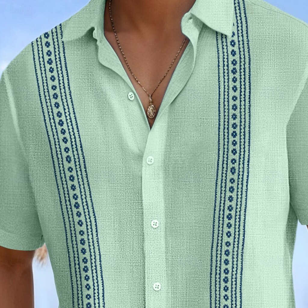 Men's Shirt Linen Shirt Guayabera Shirt Summer Shirt Beach Wear Plain Casual Daily Blue White Green Gray Short Sleeve Lapel Summer Spring & Summer Clothing Apparel Color Block