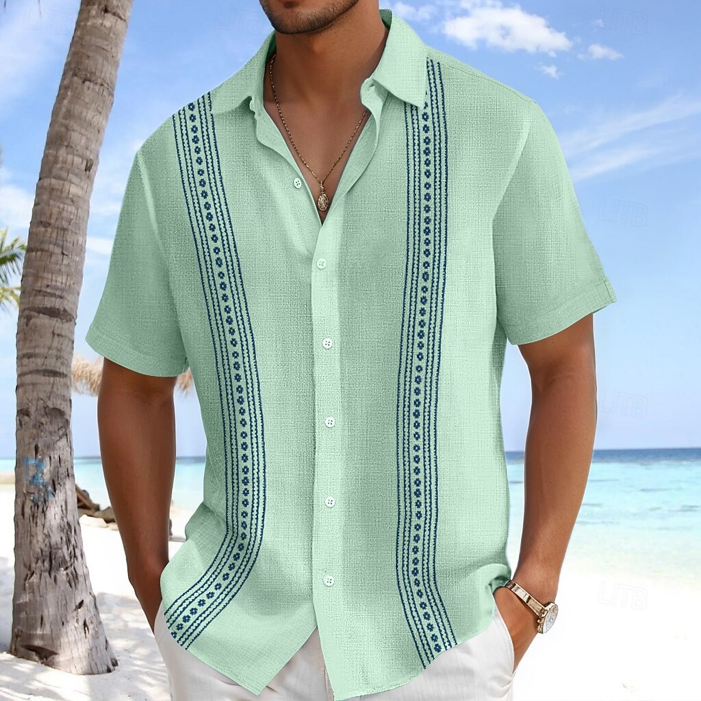 Men's Shirt Linen Shirt Guayabera Shirt Summer Shirt Beach Wear Plain Casual Daily Blue White Green Gray Short Sleeve Lapel Summer Spring & Summer Clothing Apparel Color Block