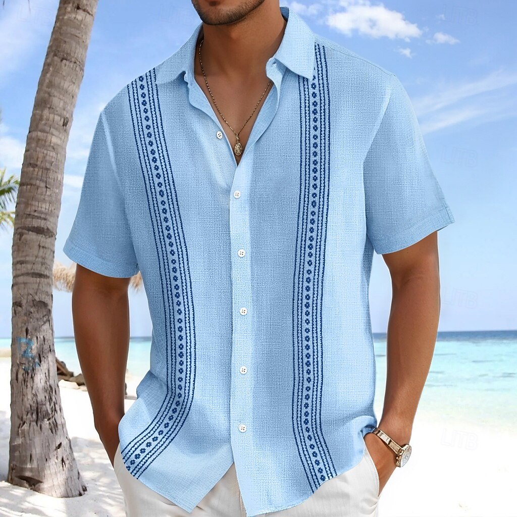 Men's Shirt Linen Shirt Guayabera Shirt Summer Shirt Beach Wear Plain Casual Daily Blue White Green Gray Short Sleeve Lapel Summer Spring & Summer Clothing Apparel Color Block