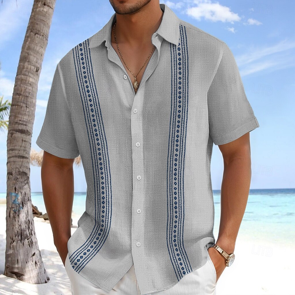 Men's Shirt Linen Shirt Guayabera Shirt Summer Shirt Beach Wear Plain Casual Daily Blue White Green Gray Short Sleeve Lapel Summer Spring & Summer Clothing Apparel Color Block