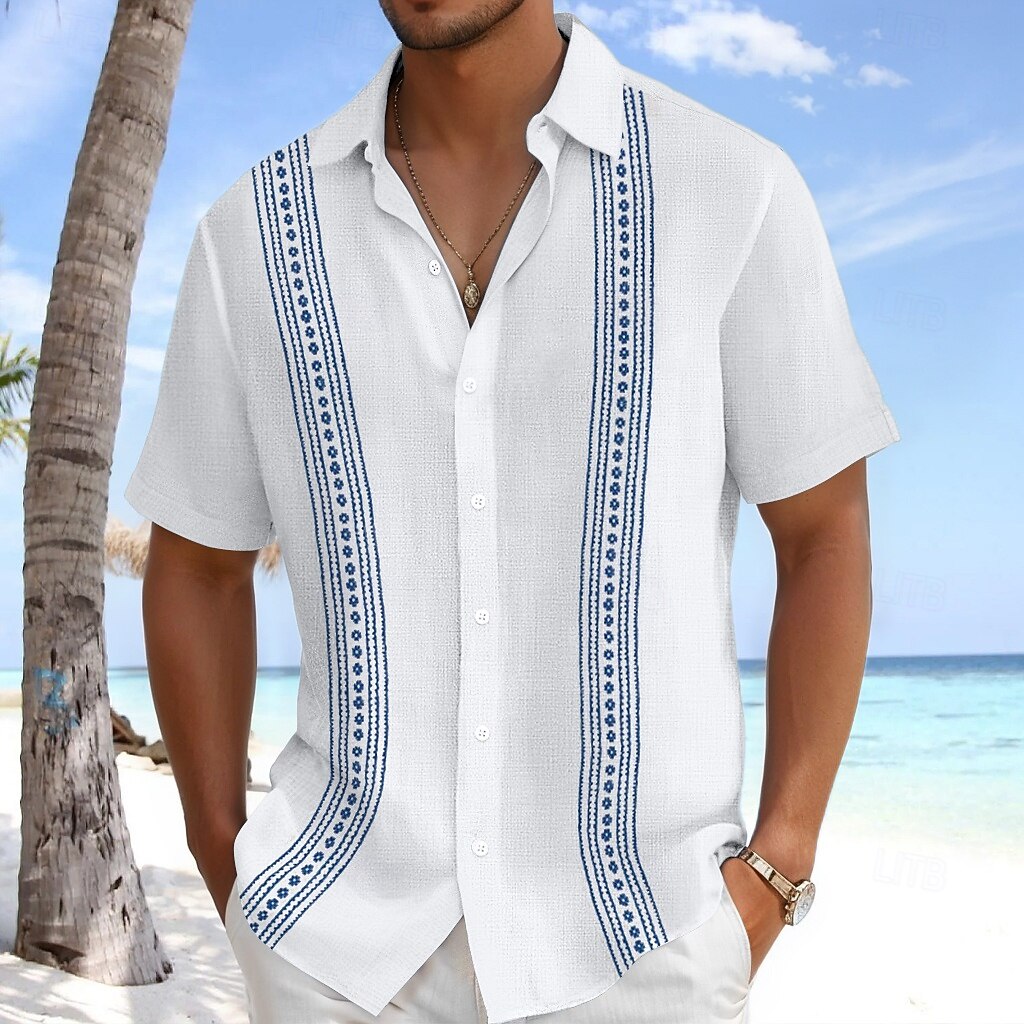 Men's Shirt Linen Shirt Guayabera Shirt Summer Shirt Beach Wear Plain Casual Daily Blue White Green Gray Short Sleeve Lapel Summer Spring & Summer Clothing Apparel Color Block