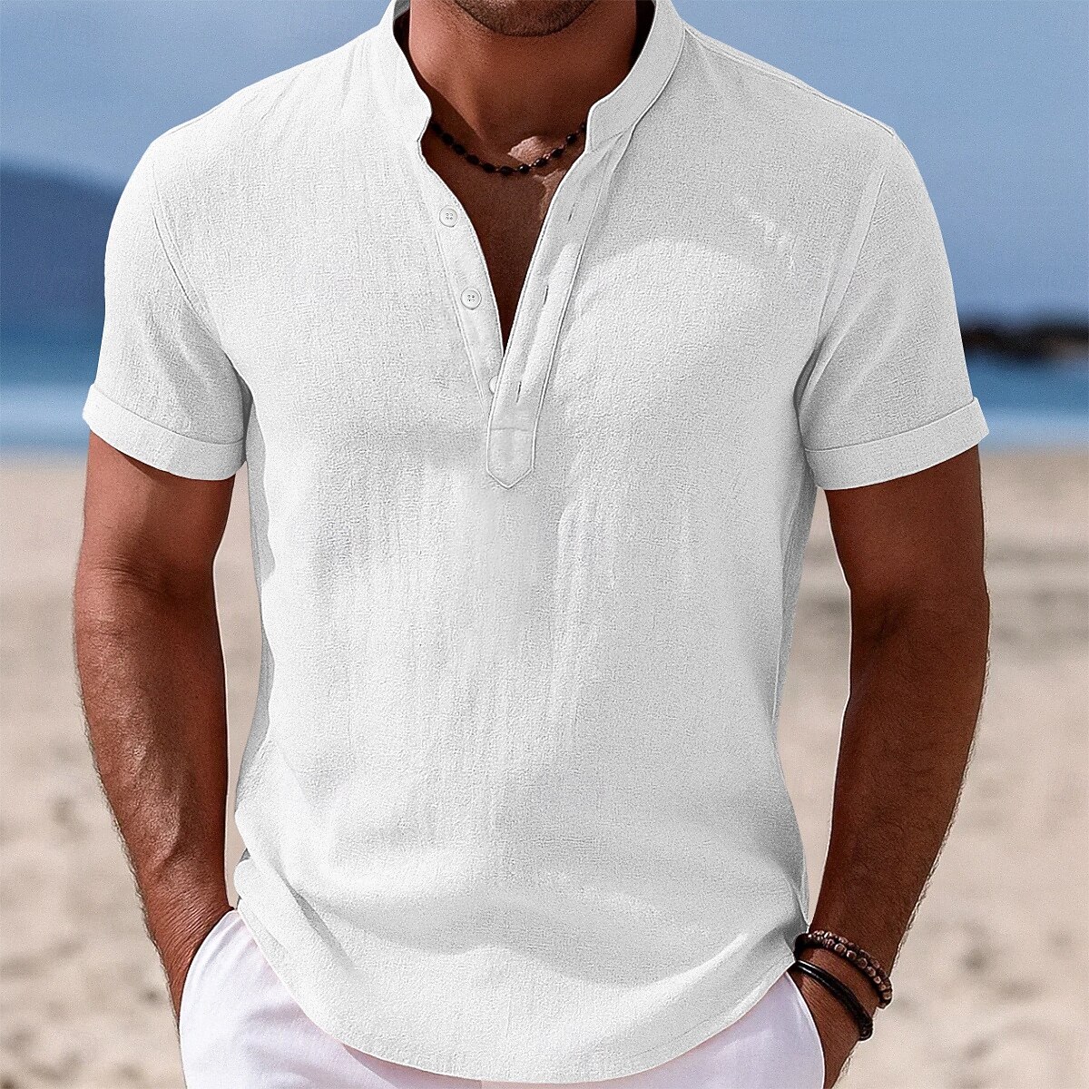 Men's Shirt Linen Shirt Popover Shirt Summer Shirt Beach Wear Band Collar Shirt Plain Vacation Casual Black White Yellow Pink Short Sleeve Stand Collar Summer Clothing Apparel