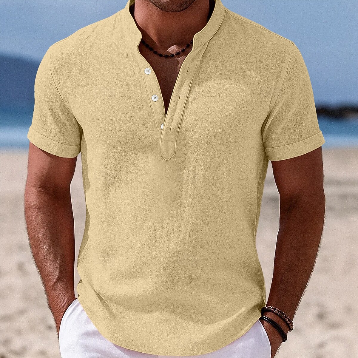 Men's Shirt Linen Shirt Popover Shirt Summer Shirt Beach Wear Band Collar Shirt Plain Vacation Casual Black White Yellow Pink Short Sleeve Stand Collar Summer Clothing Apparel