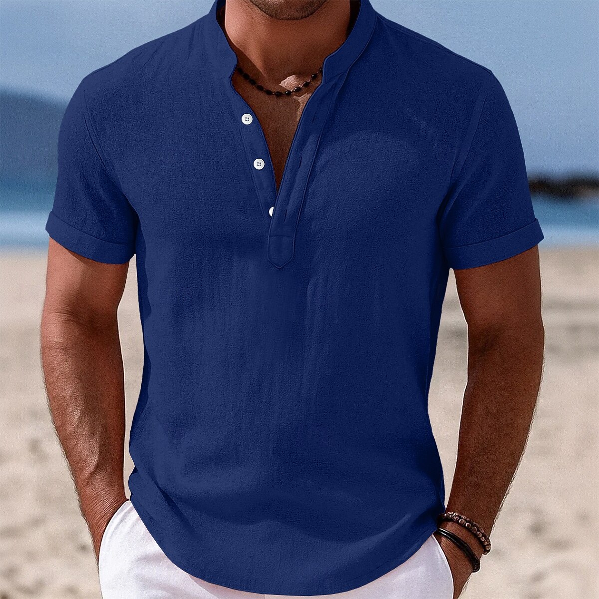 Men's Shirt Linen Shirt Popover Shirt Summer Shirt Beach Wear Band Collar Shirt Plain Vacation Casual Black White Yellow Pink Short Sleeve Stand Collar Summer Clothing Apparel