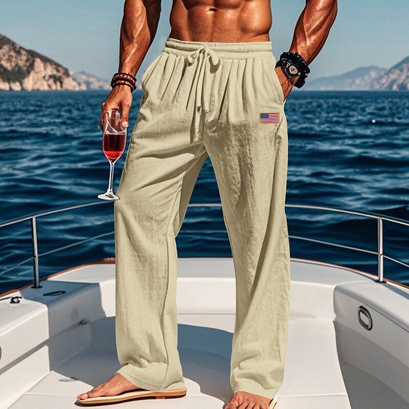 Men's American Flag Linen Pants America 250th Anniversary 4th of July Drawstring Elastic Waist Baggy Straight Leg Trousers Summer Casual Beach Vacation Holiday Loose Fit Pants for Spring Summer