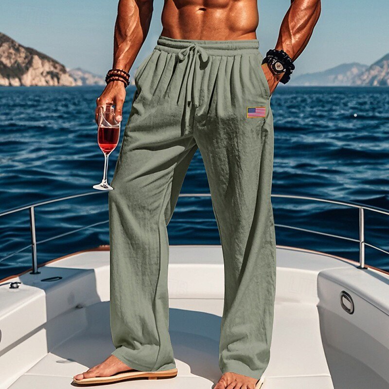 Men's American Flag Linen Pants America 250th Anniversary 4th of July Drawstring Elastic Waist Baggy Straight Leg Trousers Summer Casual Beach Vacation Holiday Loose Fit Pants for Spring Summer
