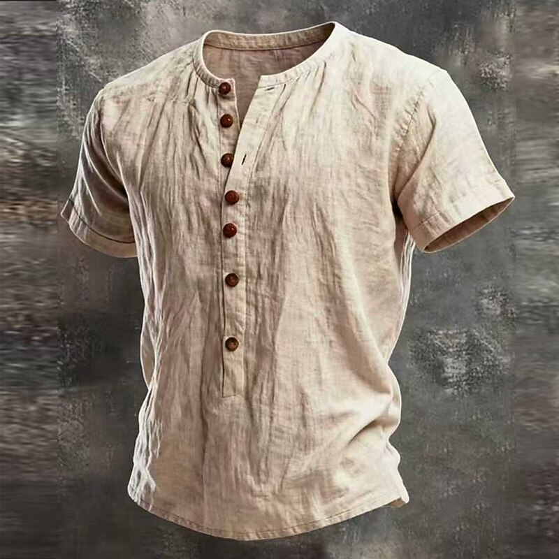 Men Shirt Linen Shirt Popover Shirt Summer Shirt Solid Color Vacation Street Apricot Short Sleeve Henley Summer Spring Clothing Apparel Vintage Style