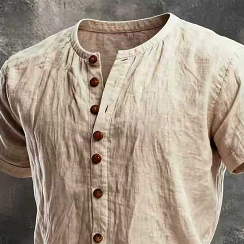 Men Shirt Linen Shirt Popover Shirt Summer Shirt Solid Color Vacation Street Apricot Short Sleeve Henley Summer Spring Clothing Apparel Vintage Style