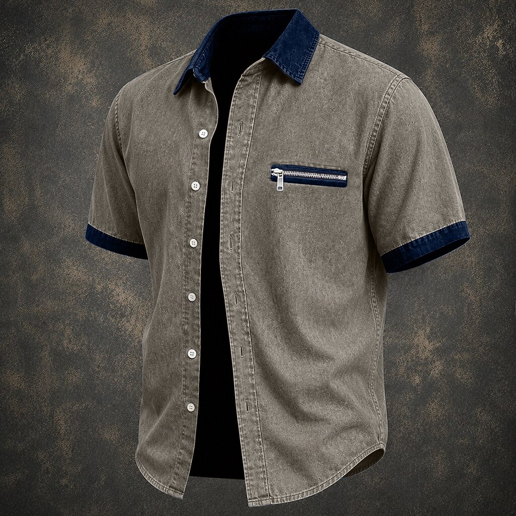 SoftFade™ Men Shirt Casual Shirt Denim Shirt Cotton Acid Wash Shirt Acid Wash Shirt Black Green khaki Gray Light Blue Short Sleeve Plain Shirt Collar Casual Daily Color Block Clothing Apparel Elegant