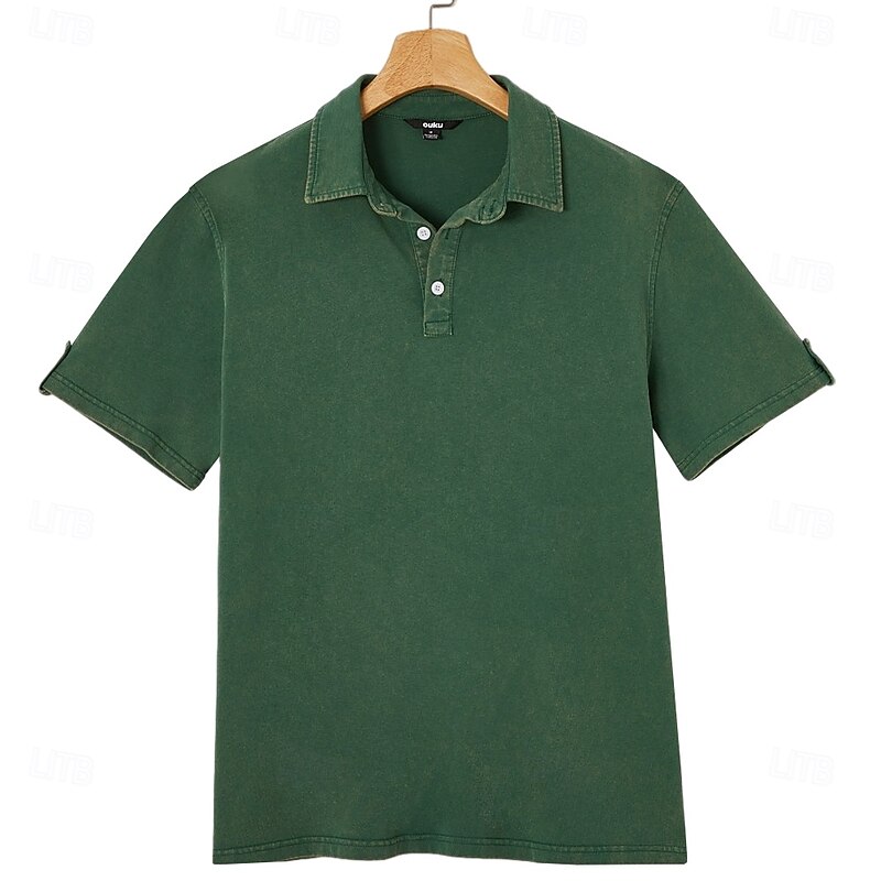 SoftFade™ Men's Polo Shirts 100% Cotton Acid Wash Shirt Casual Holiday Lapel Short Sleeve Fashion Basic Plain Textured Buttons Vintage Summer Spring Blue Green Khaki Gray Polo Shirts