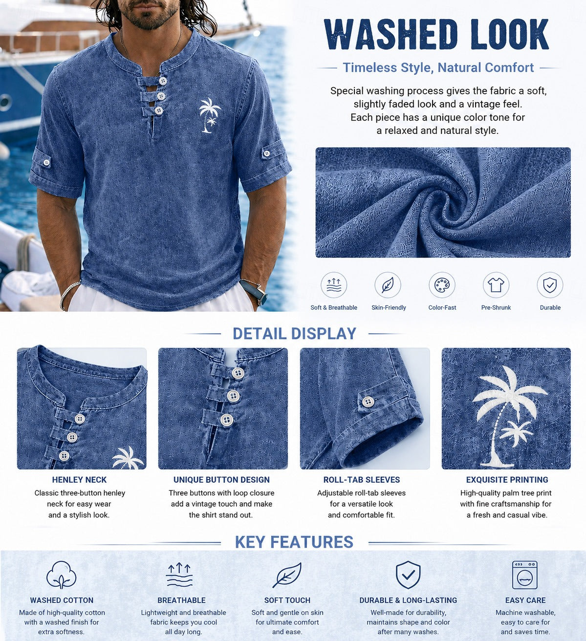 100% Cotton Vintage Washed Henley T-Shirt