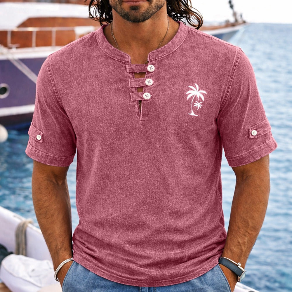 100% Cotton Vintage Washed Henley T-Shirt - Red 4XL