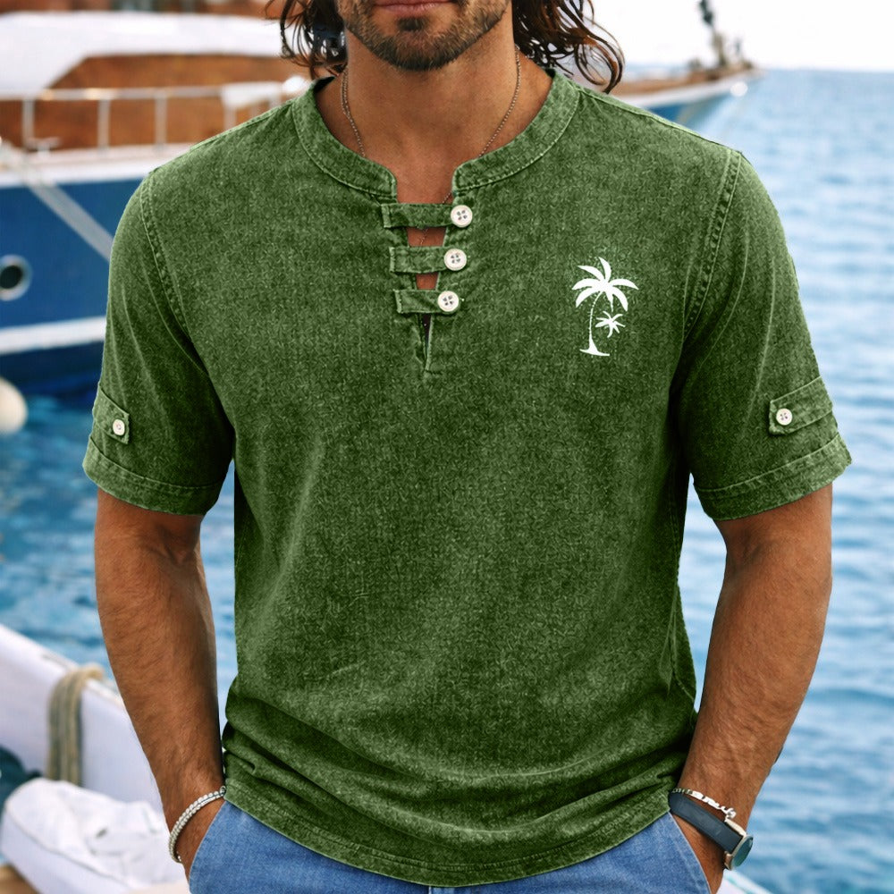 100% Cotton Vintage Washed Henley T-Shirt - Green L